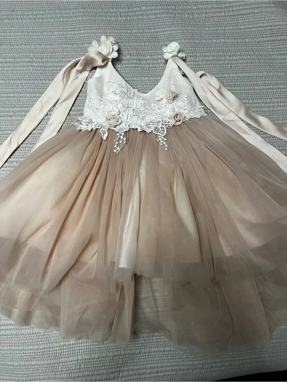 Cream & Blush Tulle Flower Girl Dress with Lace Bodice